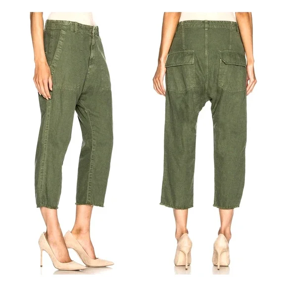 Nili Lotan 00 Slouchy Linen $380 Luna Pants Drop Crotch Cropped Army Green 0 2 4 - Picture 7 of 11